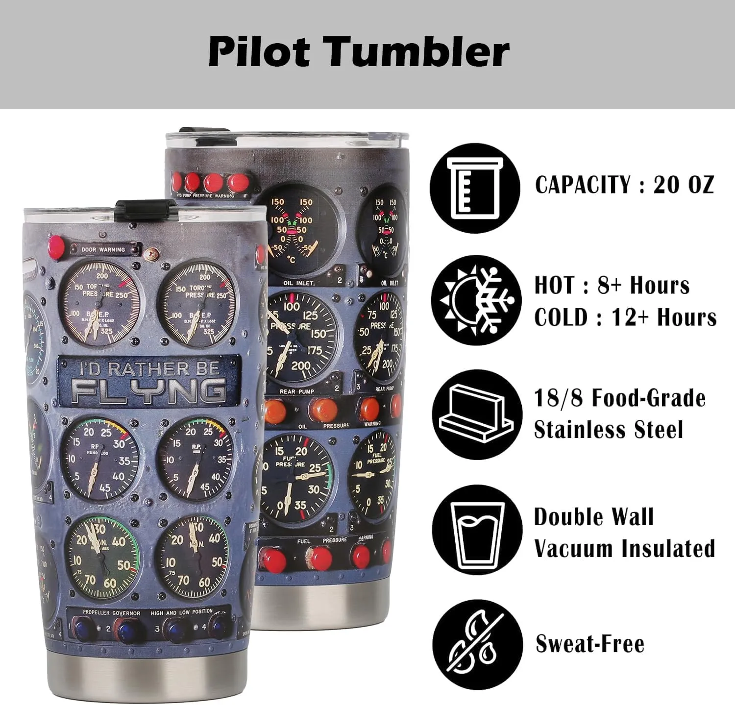 20 Oz Tumbler with Keychain – Aviation Gift for Pilots, Men, Husband, Son – Cool Pilot Accessories for Birthday, Christmas, Retirement