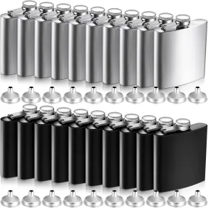 20 Pieces 6 oz Stainless Steel Flask with Funnel Hip Flask for Liquor Leak Proof Camping Drinking Pocket Flasks Black and Silver Flask Set for Men Groomsmen Bridal Women Wedding Party Supplies