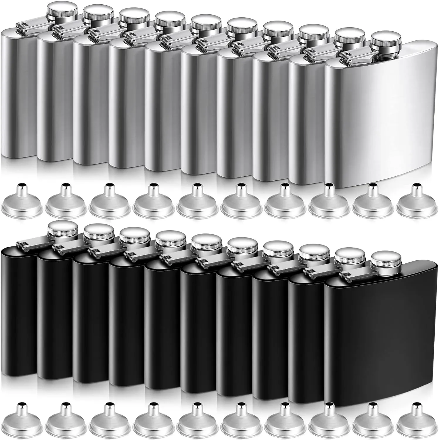 20 Pieces 6 oz Stainless Steel Flask with Funnel Hip Flask for Liquor Leak Proof Camping Drinking Pocket Flasks Black and Silver Flask Set for Men Groomsmen Bridal Women Wedding Party Supplies