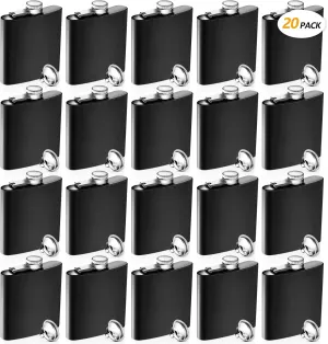 20 Pieces Stainless Steel Hip Flask Matte Black Flask Set Leak Proof Drinking Liquor Flask Metal Hip Flask with 20 Pieces Funnel for Men Women Drinking Alcohol Whiskey Wine Wedding Party Supply (8 oz)