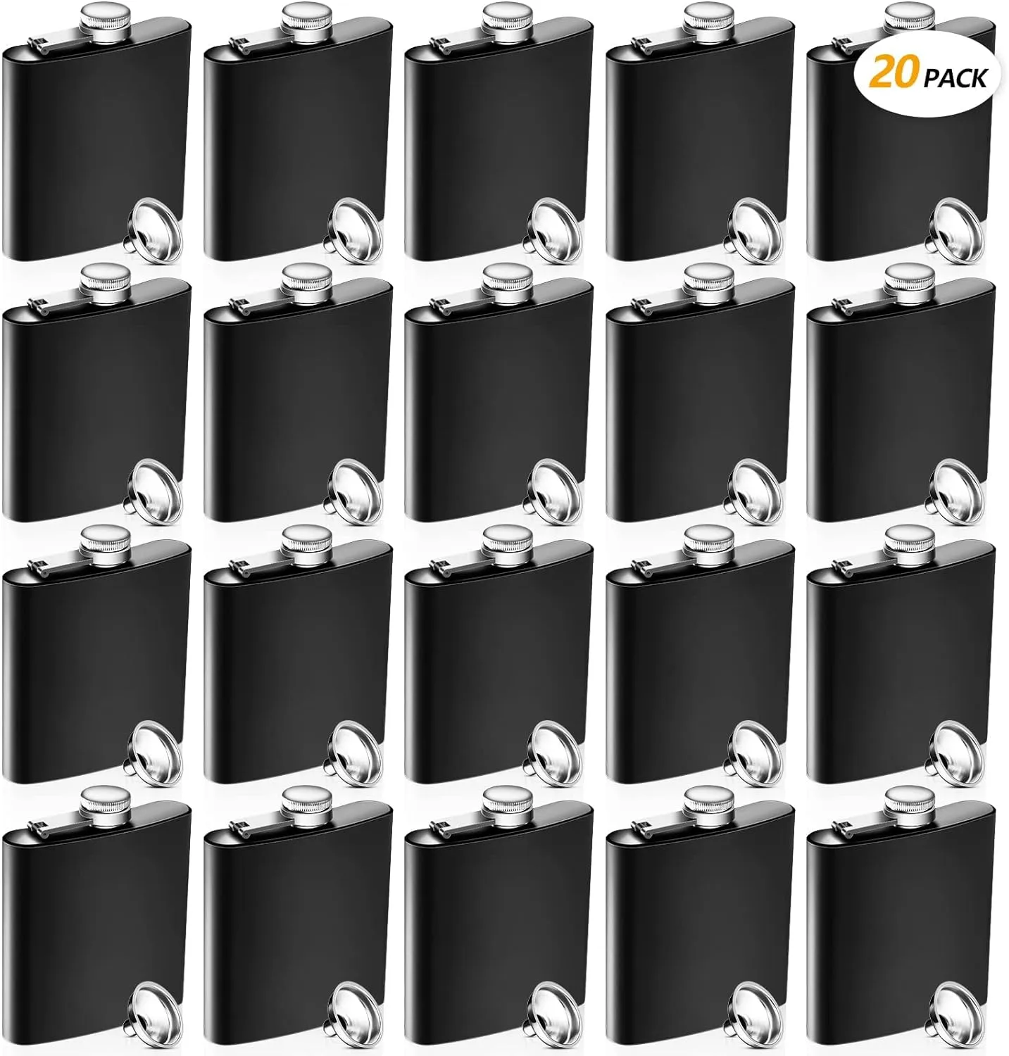 20 Pieces Stainless Steel Hip Flask Matte Black Flask Set Leak Proof Drinking Liquor Flask Metal Hip Flask with 20 Pieces Funnel for Men Women Drinking Alcohol Whiskey Wine Wedding Party Supply (8 oz)