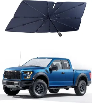 [2025 Upgraded] helloleiboo Windshield Sun Shade Umbrella for Ford F150 63"x31"-360°Rotating Foldable Car Shades for Front Windows with Storage Bag Reflects UV 2009-2025 Ford F150 Accessories