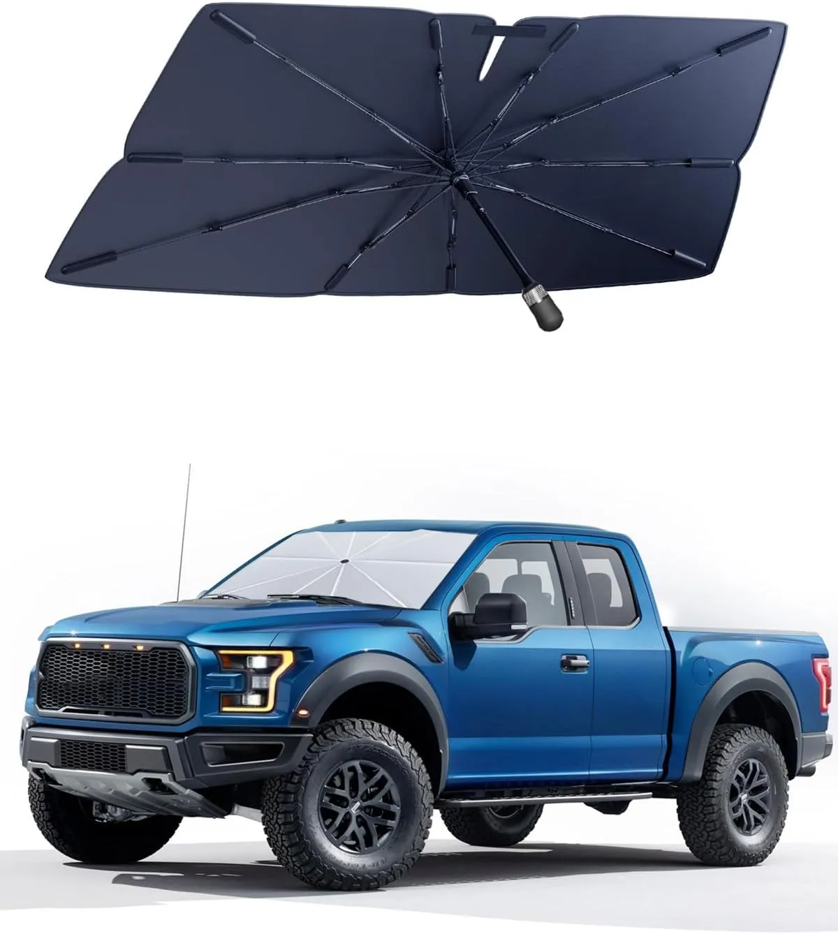 [2025 Upgraded] helloleiboo Windshield Sun Shade Umbrella for Ford F150 63"x31"-360°Rotating Foldable Car Shades for Front Windows with Storage Bag Reflects UV 2009-2025 Ford F150 Accessories