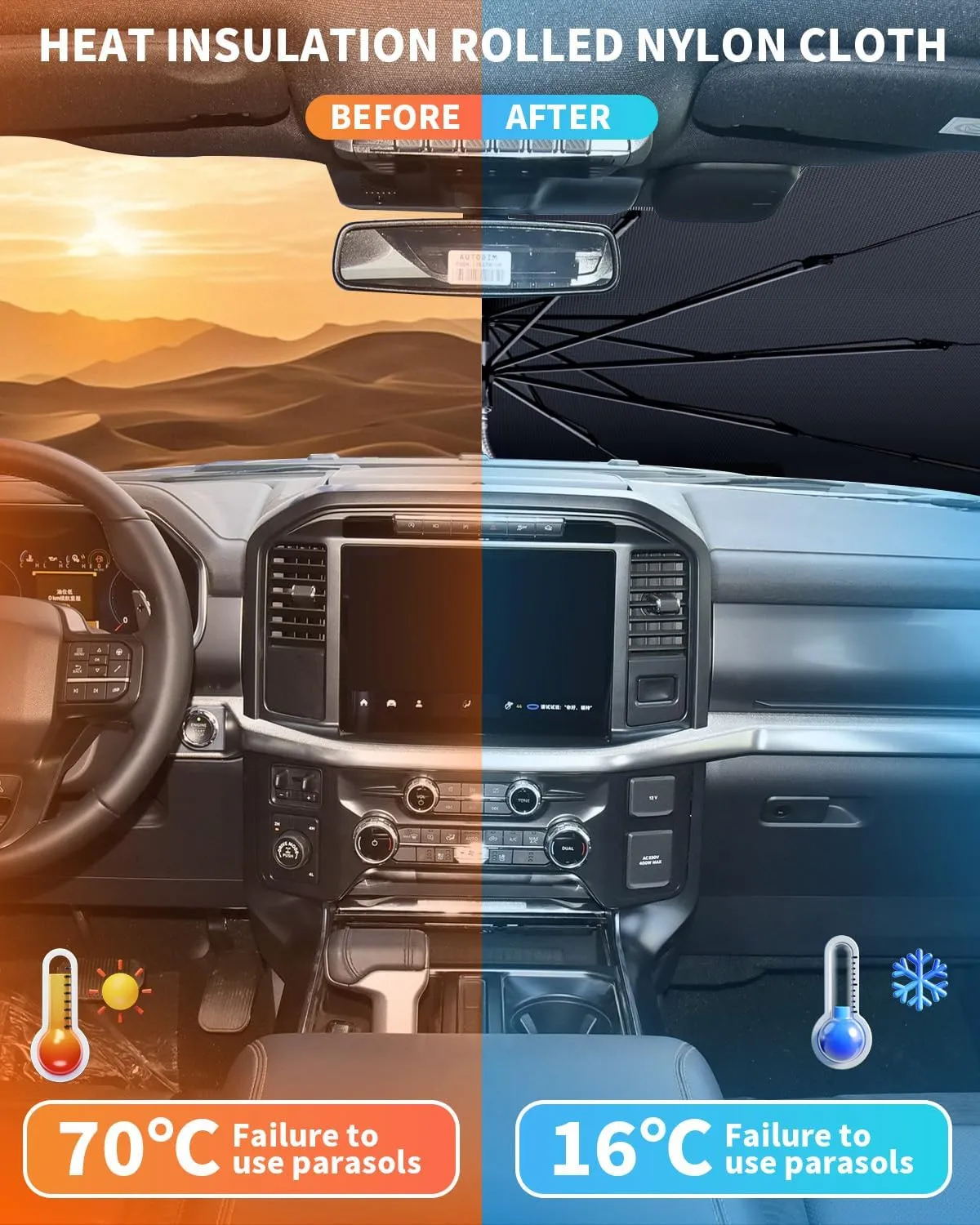 [2025 Upgraded] helloleiboo Windshield Sun Shade Umbrella for Ford F150 63"x31"-360°Rotating Foldable Car Shades for Front Windows with Storage Bag Reflects UV 2009-2025 Ford F150 Accessories