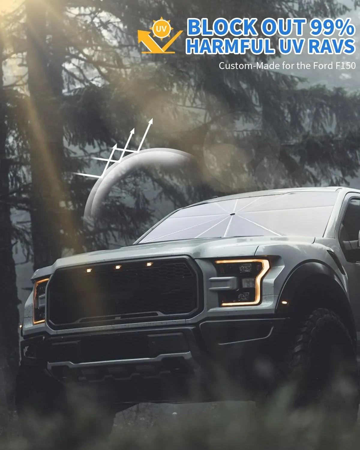 [2025 Upgraded] helloleiboo Windshield Sun Shade Umbrella for Ford F150 63"x31"-360°Rotating Foldable Car Shades for Front Windows with Storage Bag Reflects UV 2009-2025 Ford F150 Accessories