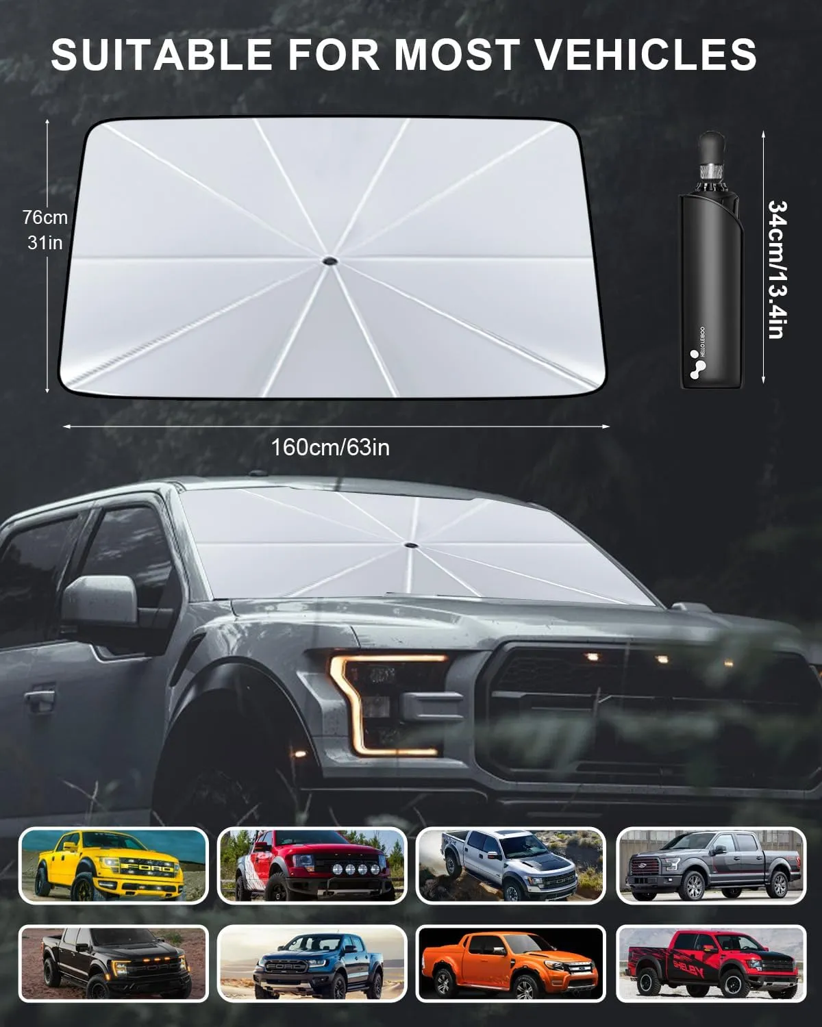 [2025 Upgraded] helloleiboo Windshield Sun Shade Umbrella for Ford F150 63"x31"-360°Rotating Foldable Car Shades for Front Windows with Storage Bag Reflects UV 2009-2025 Ford F150 Accessories