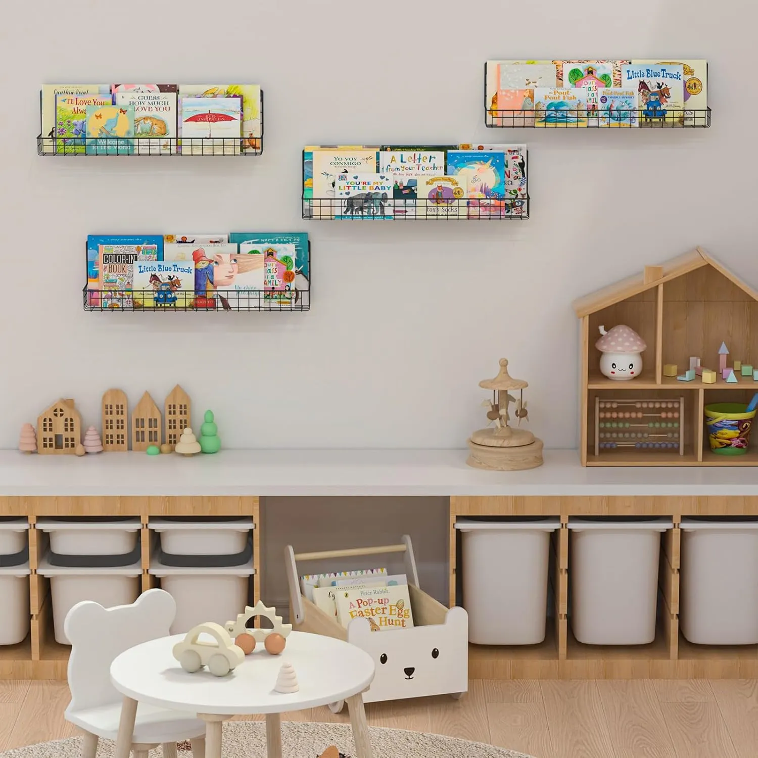 24 Inch Wall Mounted Kids Bookshelf, Floating Metal Book Shelves for Kids Nursery Toddler Classroom, Hanging Book Shelf Organizer for Room Decor, Black, Set of 4