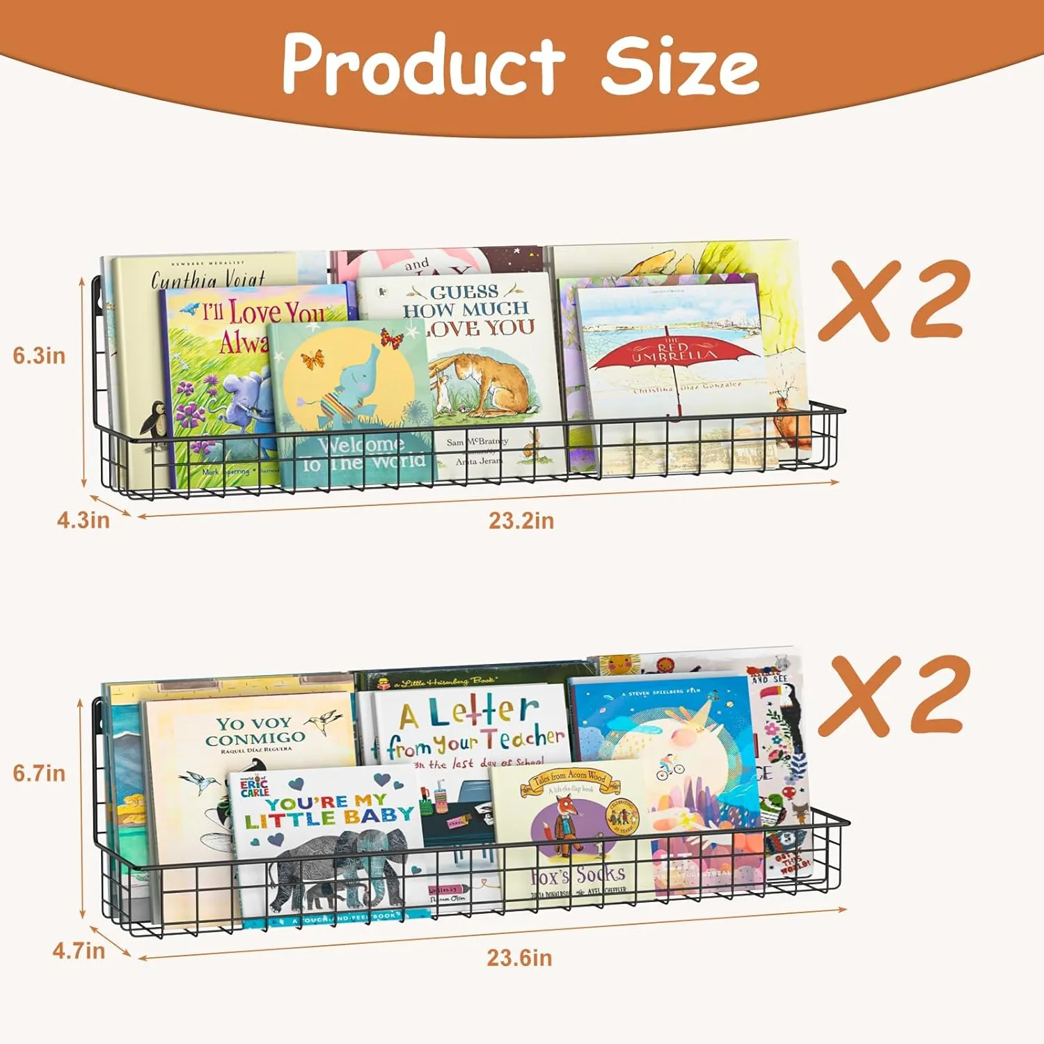 24 Inch Wall Mounted Kids Bookshelf, Floating Metal Book Shelves for Kids Nursery Toddler Classroom, Hanging Book Shelf Organizer for Room Decor, Black, Set of 4