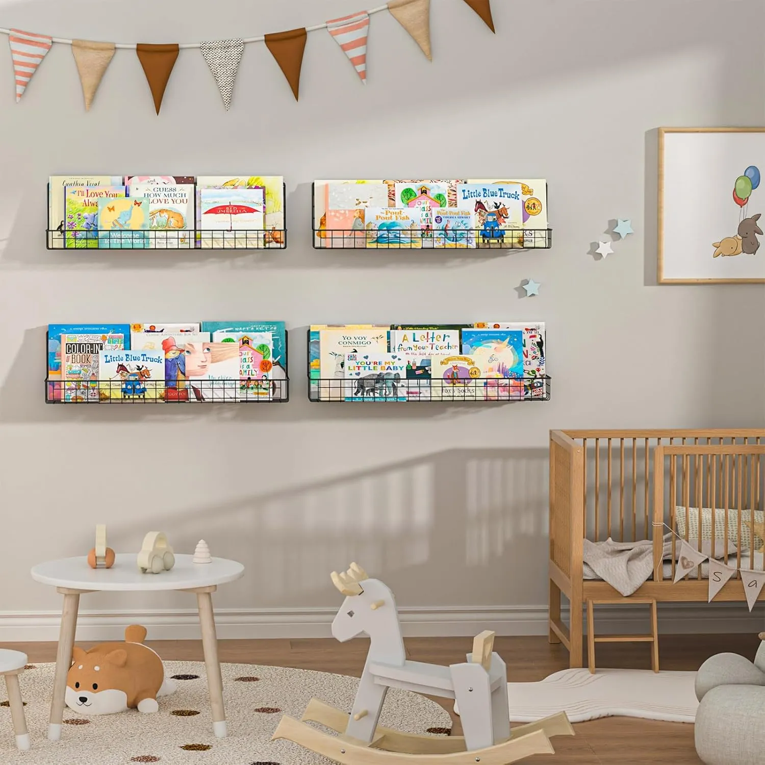 24 Inch Wall Mounted Kids Bookshelf, Floating Metal Book Shelves for Kids Nursery Toddler Classroom, Hanging Book Shelf Organizer for Room Decor, Black, Set of 4