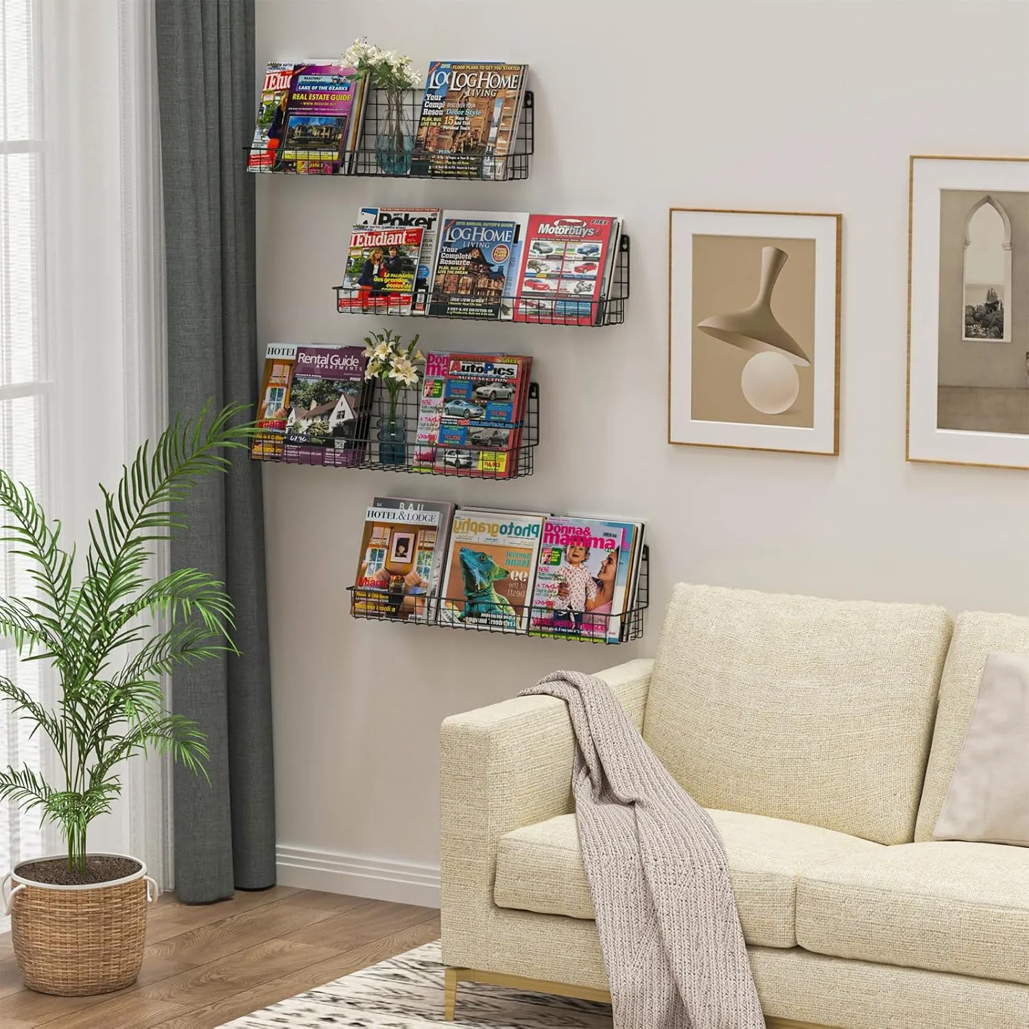 24 Inch Wall Mounted Kids Bookshelf, Floating Metal Book Shelves for Kids Nursery Toddler Classroom, Hanging Book Shelf Organizer for Room Decor, Black, Set of 4