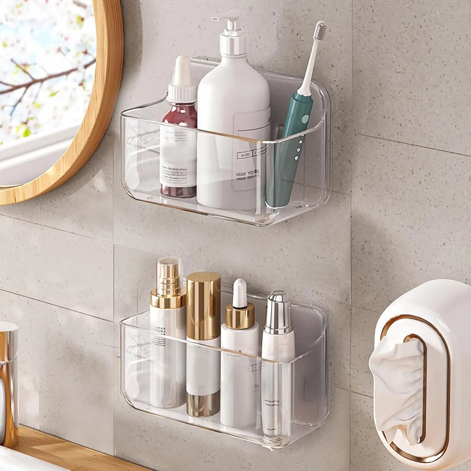 2pc Acrylic Wall Mount Organizer, Adhesive Clear Cabinet Door Organizer,Acrylic Shelves for Wall,No Drilling Hang Walls,with Self Adhesive Tape, for Bathroom, Kitchen, Living Room