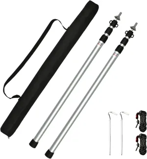 2pcs Camping Tent Poles, 95-234cm Telescoping Pole Adjustable, Thicken Aluminum Alloy Tarp Poles Support Rods Beach Shelter Tarp Awning Pole for Hiking Camping, Silver