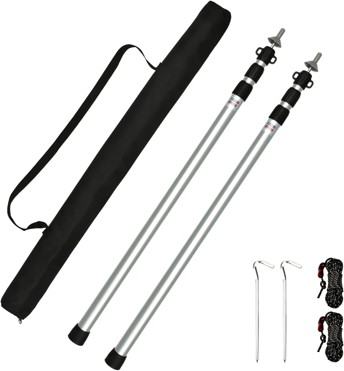 2pcs Camping Tent Poles, 95-234cm Telescoping Pole Adjustable, Thicken Aluminum Alloy Tarp Poles Support Rods Beach Shelter Tarp Awning Pole for Hiking Camping, Silver