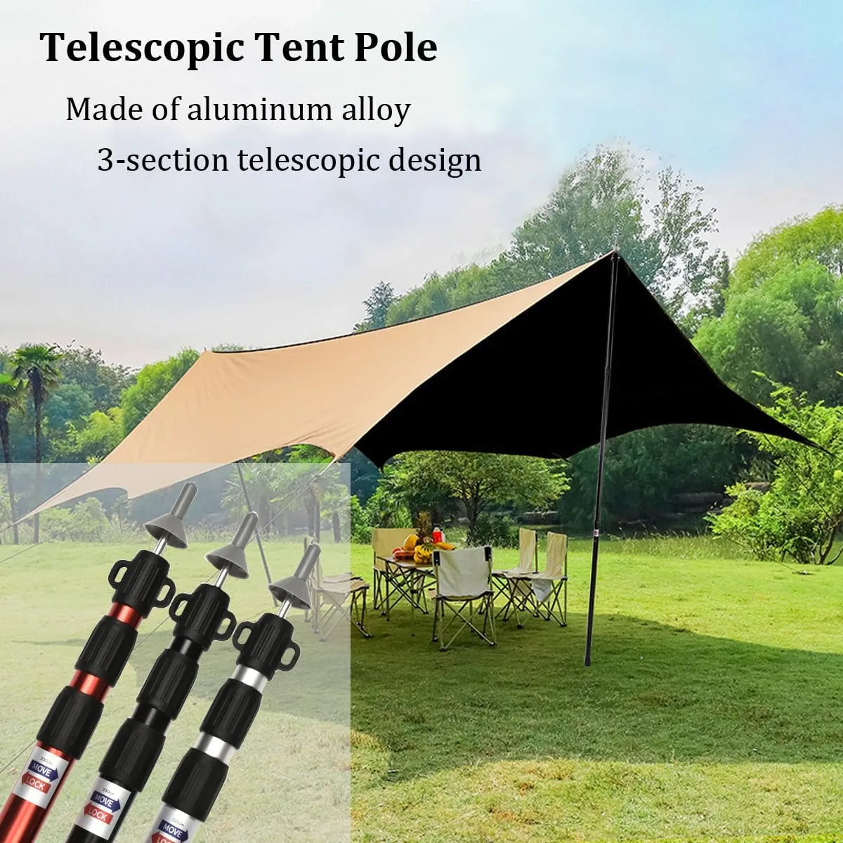 2pcs Camping Tent Poles, 95-234cm Telescoping Pole Adjustable, Thicken Aluminum Alloy Tarp Poles Support Rods Beach Shelter Tarp Awning Pole for Hiking Camping, Silver