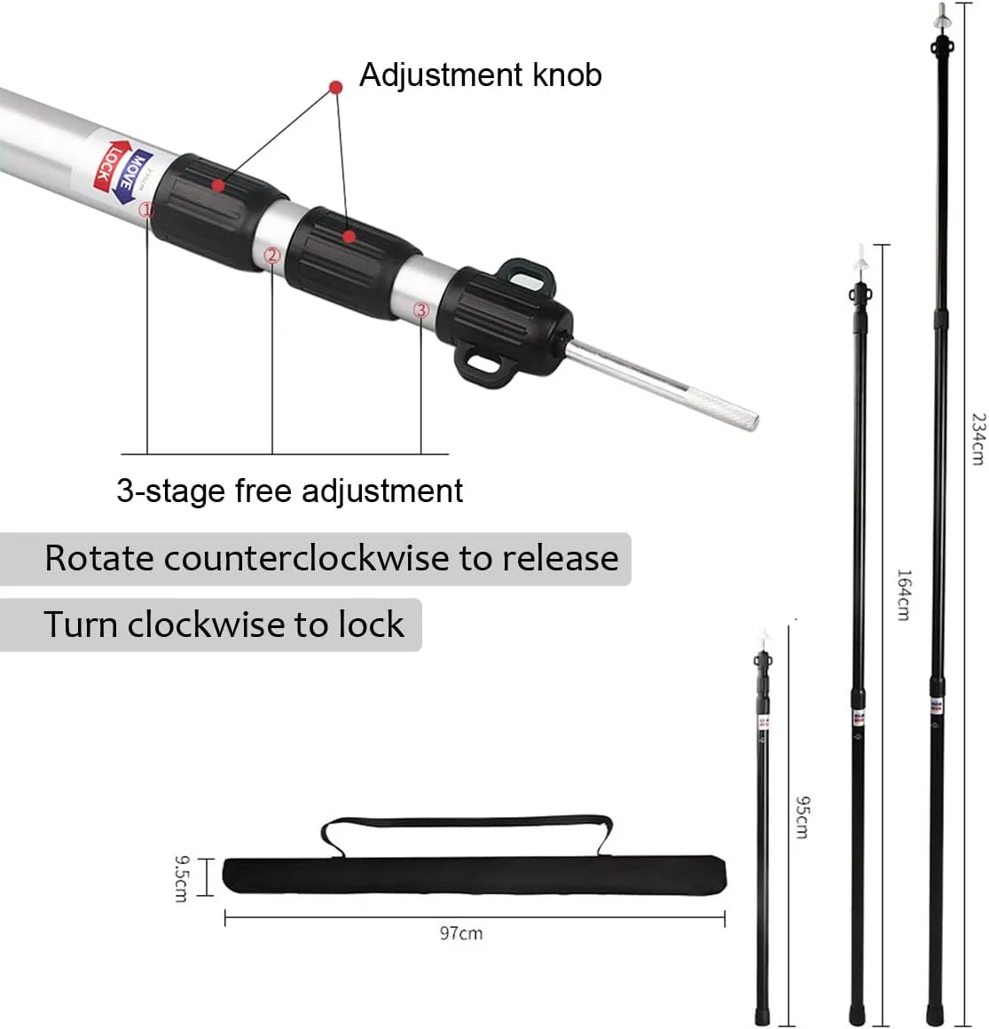 2pcs Camping Tent Poles, 95-234cm Telescoping Pole Adjustable, Thicken Aluminum Alloy Tarp Poles Support Rods Beach Shelter Tarp Awning Pole for Hiking Camping, Silver