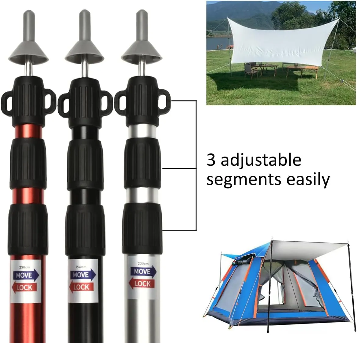 2pcs Camping Tent Poles, 95-234cm Telescoping Pole Adjustable, Thicken Aluminum Alloy Tarp Poles Support Rods Beach Shelter Tarp Awning Pole for Hiking Camping, Silver