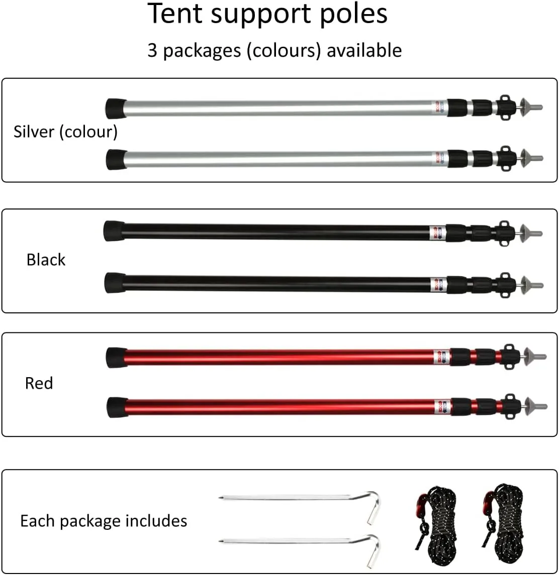 2pcs Camping Tent Poles, 95-234cm Telescoping Pole Adjustable, Thicken Aluminum Alloy Tarp Poles Support Rods Beach Shelter Tarp Awning Pole for Hiking Camping, Silver