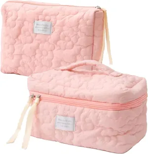 2pcs Large Capacity Soft Makeup Bag, Soft Travel Cosmetic Bag Makeup Pouch Bag for teens, Women and Girls (2pc-Pink)