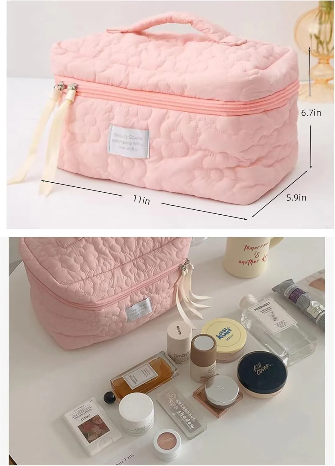 2pcs Large Capacity Soft Makeup Bag, Soft Travel Cosmetic Bag Makeup Pouch Bag for teens, Women and Girls (2pc-Pink)