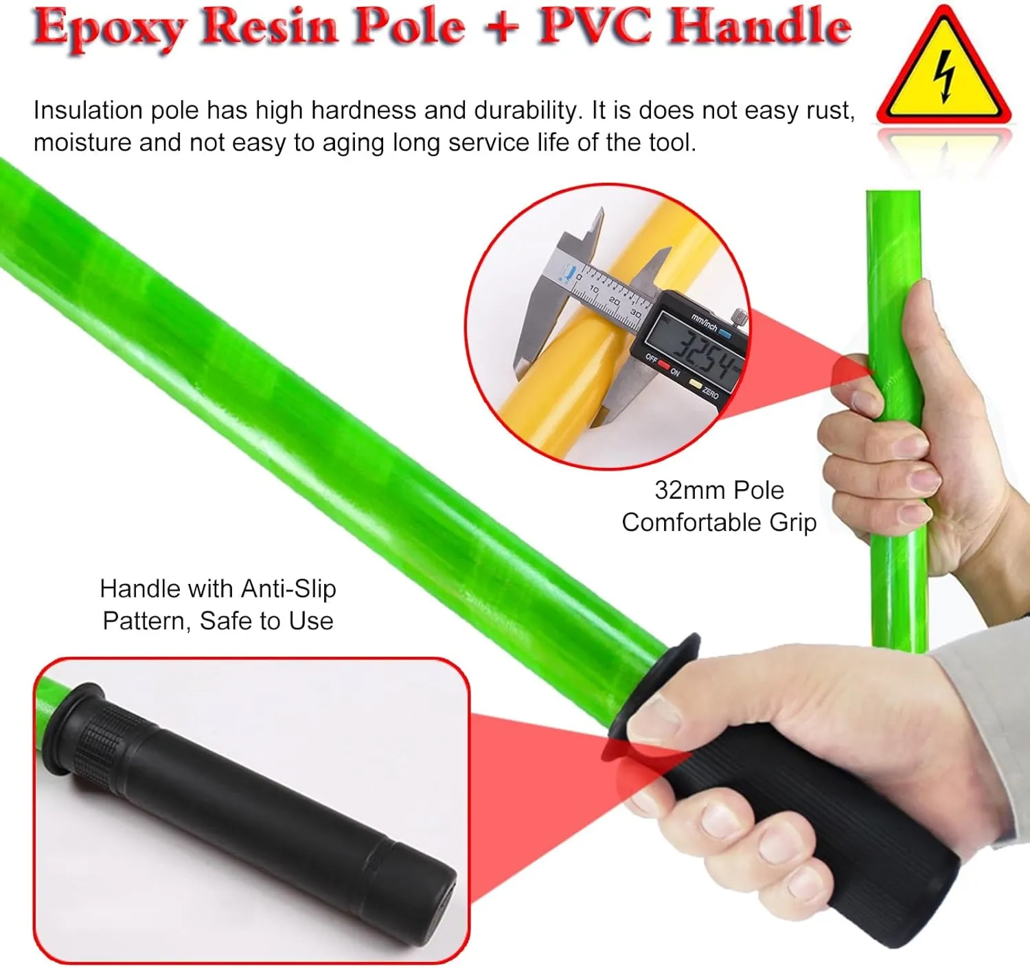 3 4 6 10 Ft Long Electrician Insulated Rescue Pole with 16 1/2in Hook, 10 35 110 220 KV High Voltage Safety Anti Electric Shock Rescue Rod, Portable Electrical Safety Tool(Yellow,150cm/4.9ft
