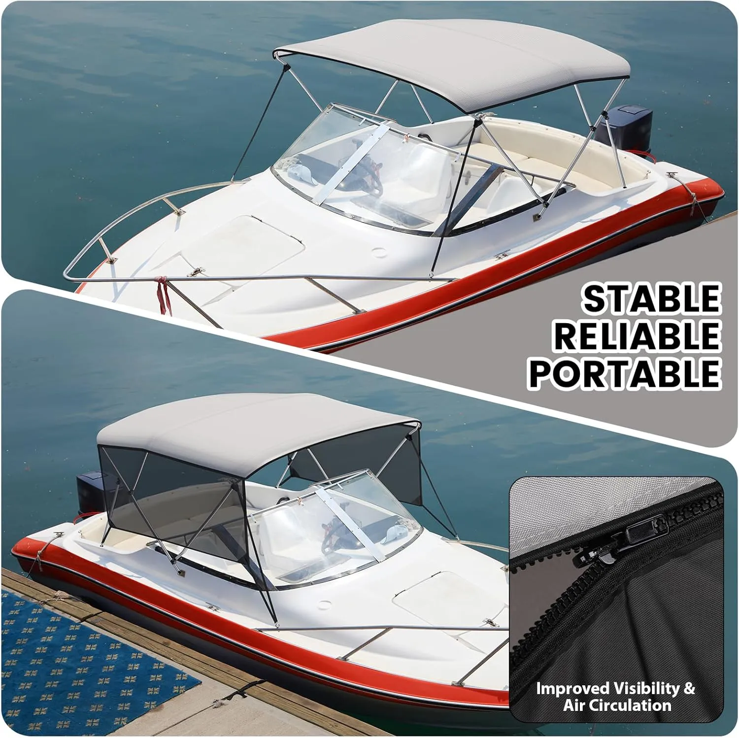 3 Bow Bimini Tops with Mesh Sidewalls, Boat Canopy with Support Poles, Marine Grade Pu Coating Canvas, 2 Straps, 2 Rear Support Poles, Zippered Storage Boot
