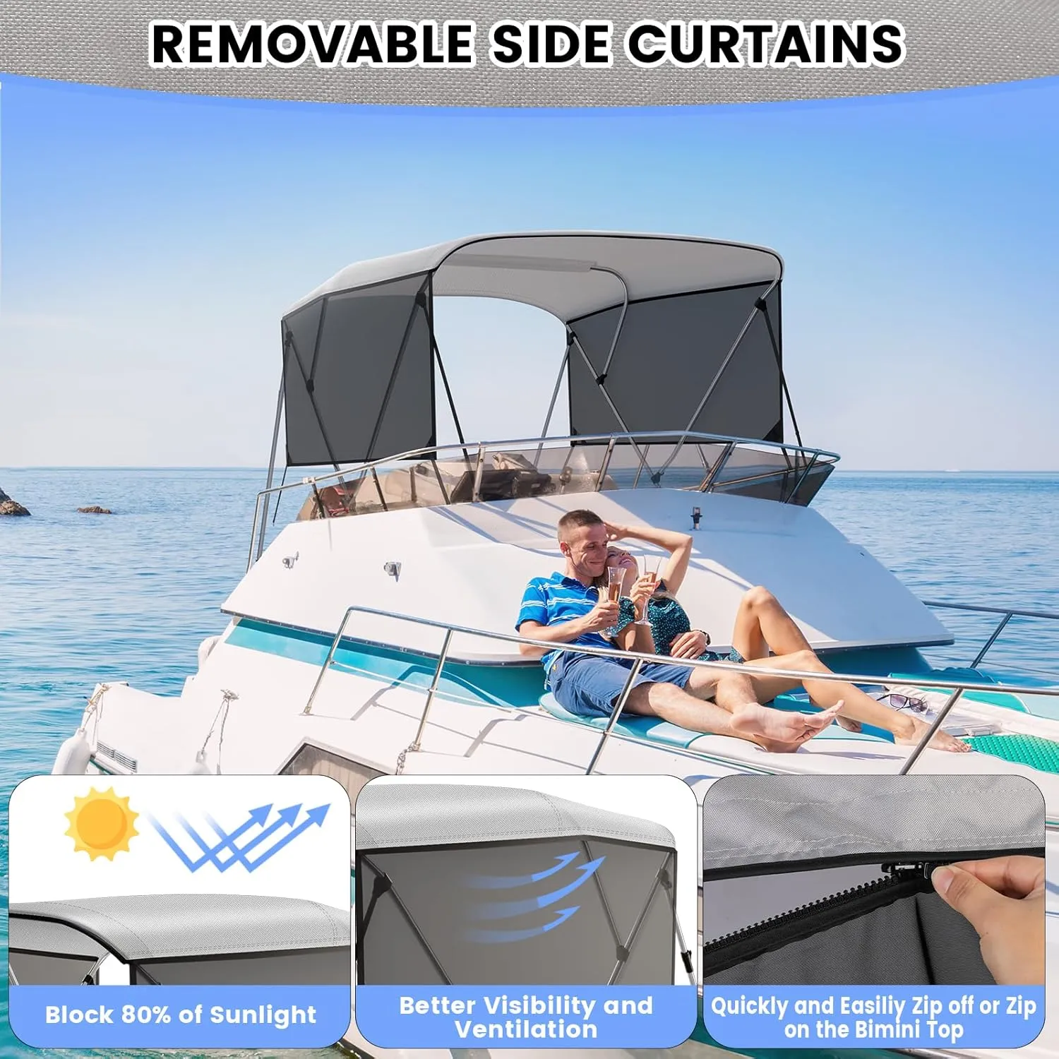 3 Bow Bimini Tops with Mesh Sidewalls, Boat Canopy with Support Poles, Marine Grade Pu Coating Canvas, 2 Straps, 2 Rear Support Poles, Zippered Storage Boot