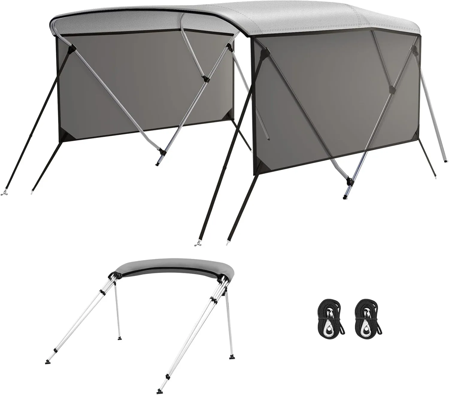 3 Bow Bimini Tops with Mesh Sidewalls, Boat Canopy with Support Poles, Marine Grade Pu Coating Canvas, 2 Straps, 2 Rear Support Poles, Zippered Storage Boot