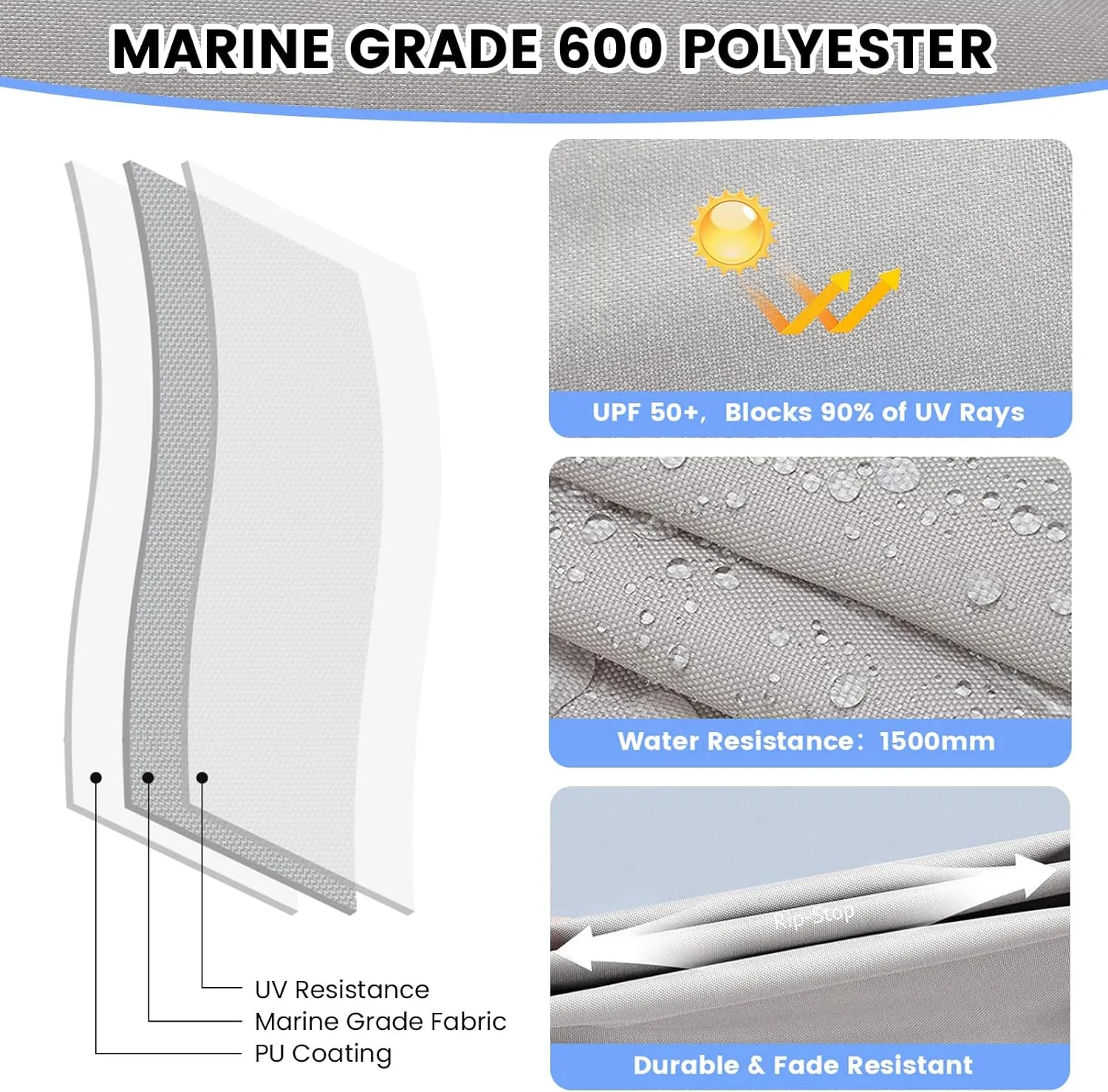 3 Bow Bimini Tops with Mesh Sidewalls, Boat Canopy with Support Poles, Marine Grade Pu Coating Canvas, 2 Straps, 2 Rear Support Poles, Zippered Storage Boot