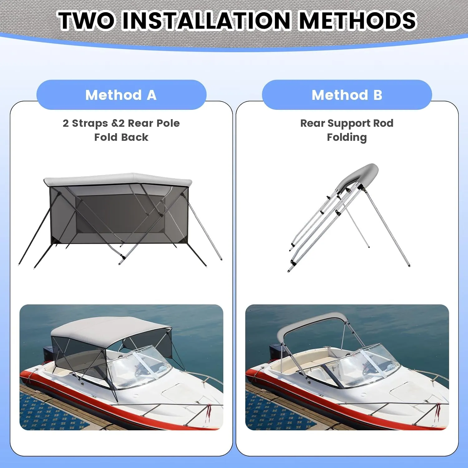 3 Bow Bimini Tops with Mesh Sidewalls, Boat Canopy with Support Poles, Marine Grade Pu Coating Canvas, 2 Straps, 2 Rear Support Poles, Zippered Storage Boot