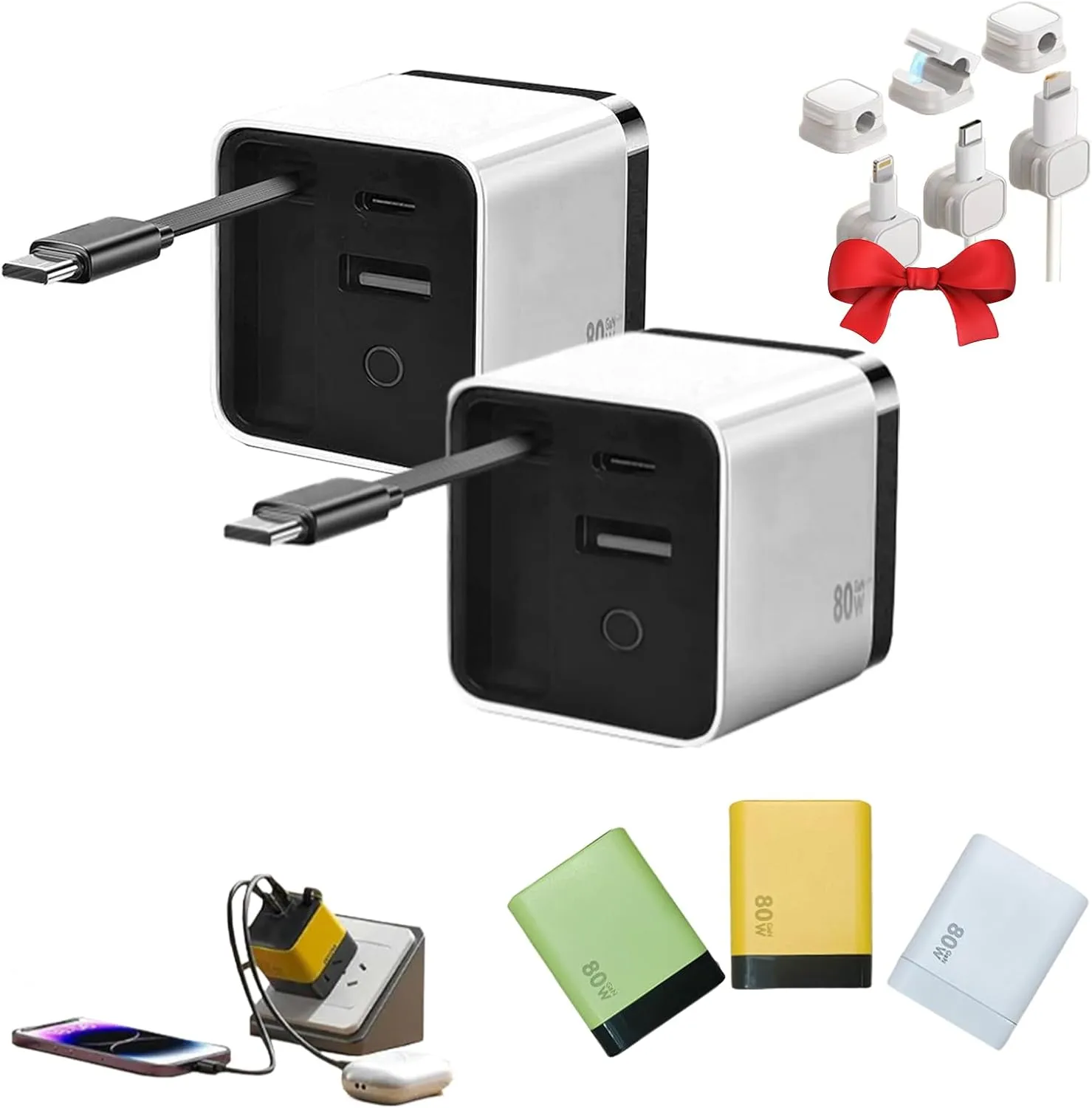 3 in 1 Gan Charger, Scalable 80w Max Fast Charger Module with Type-C Cable and 2 USB Ports, for Laptops, Tablets, Mobile Phones, Watches, Bracelets (2pcs*White)