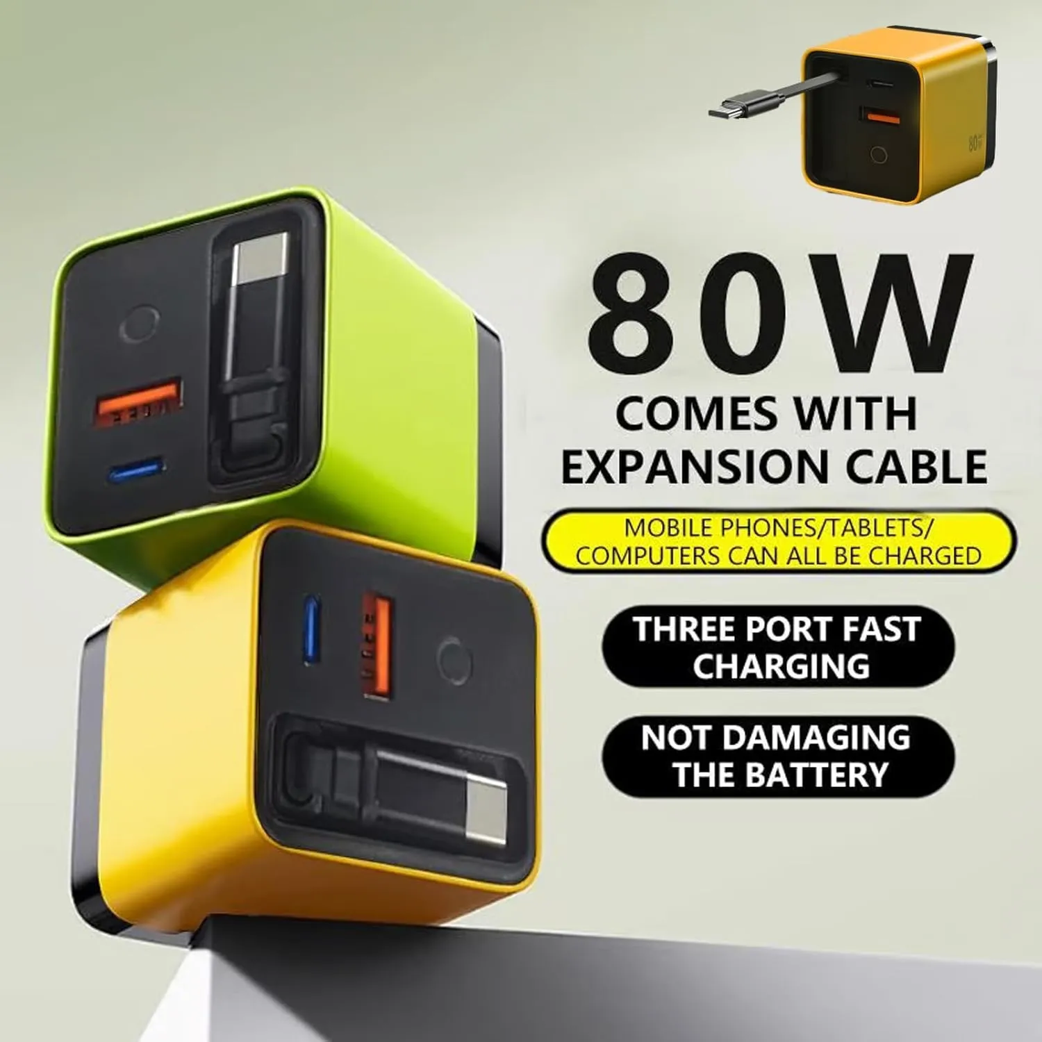 3 in 1 Gan Charger, Scalable 80w Max Fast Charger Module with Type-C Cable and 2 USB Ports, for Laptops, Tablets, Mobile Phones, Watches, Bracelets (2pcs*White)