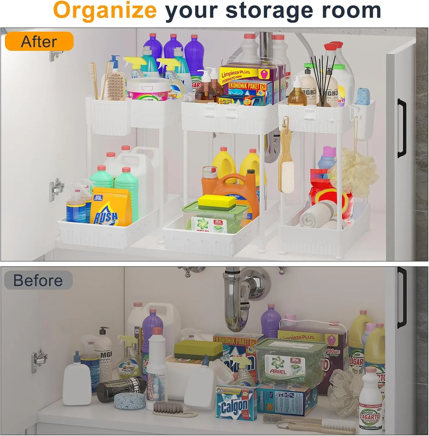 3 Pack Under Sink Organizer, 2-Tier Multi-Use Kitchen Bathroom Organizers and Storage with Sliding Drawer，Bathroom Cabinet Organizer (White)