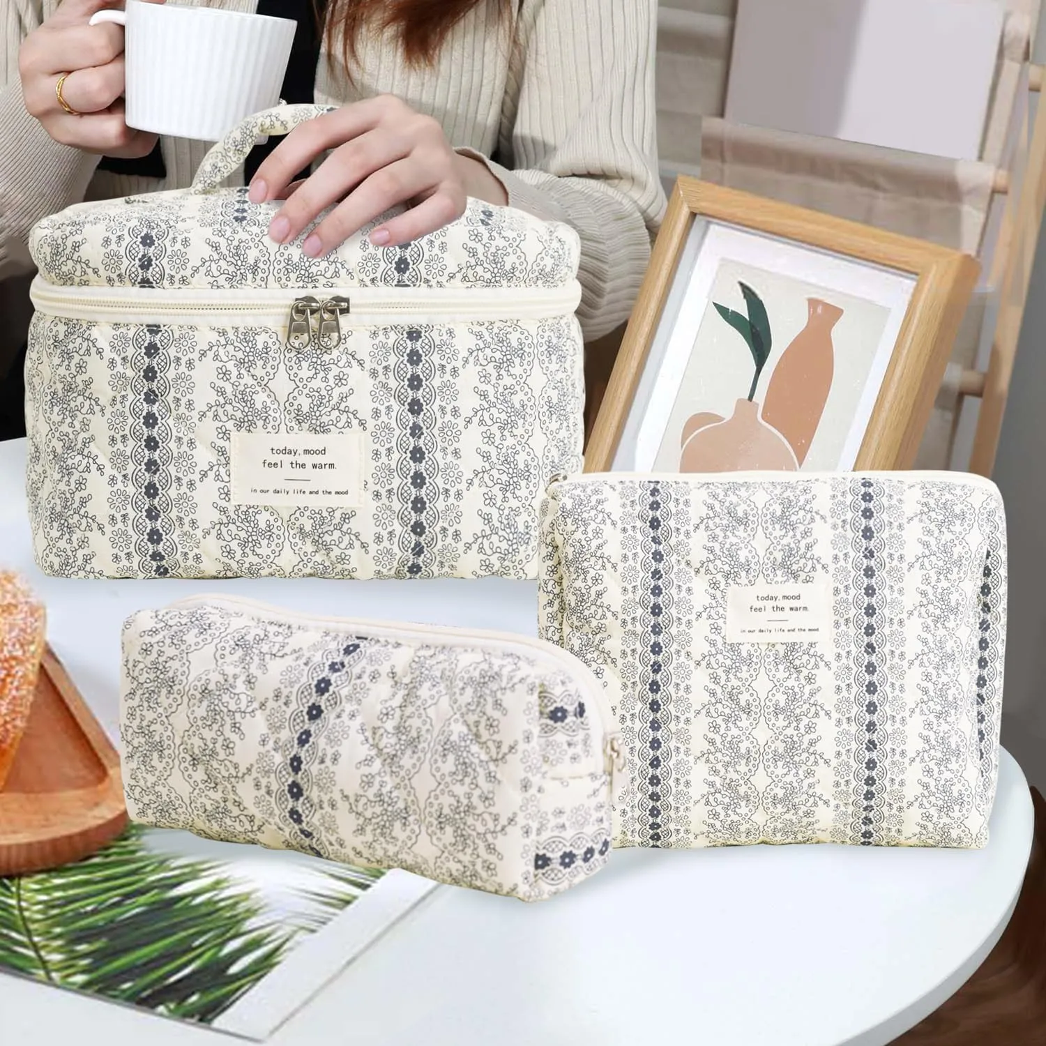 3 Pcs Cotton Quilted Makeup Bag Set, Floral Cotton Cosmetic Bag, Aesthetic Toiletry Travel Organizer Bag for Women (Black White)