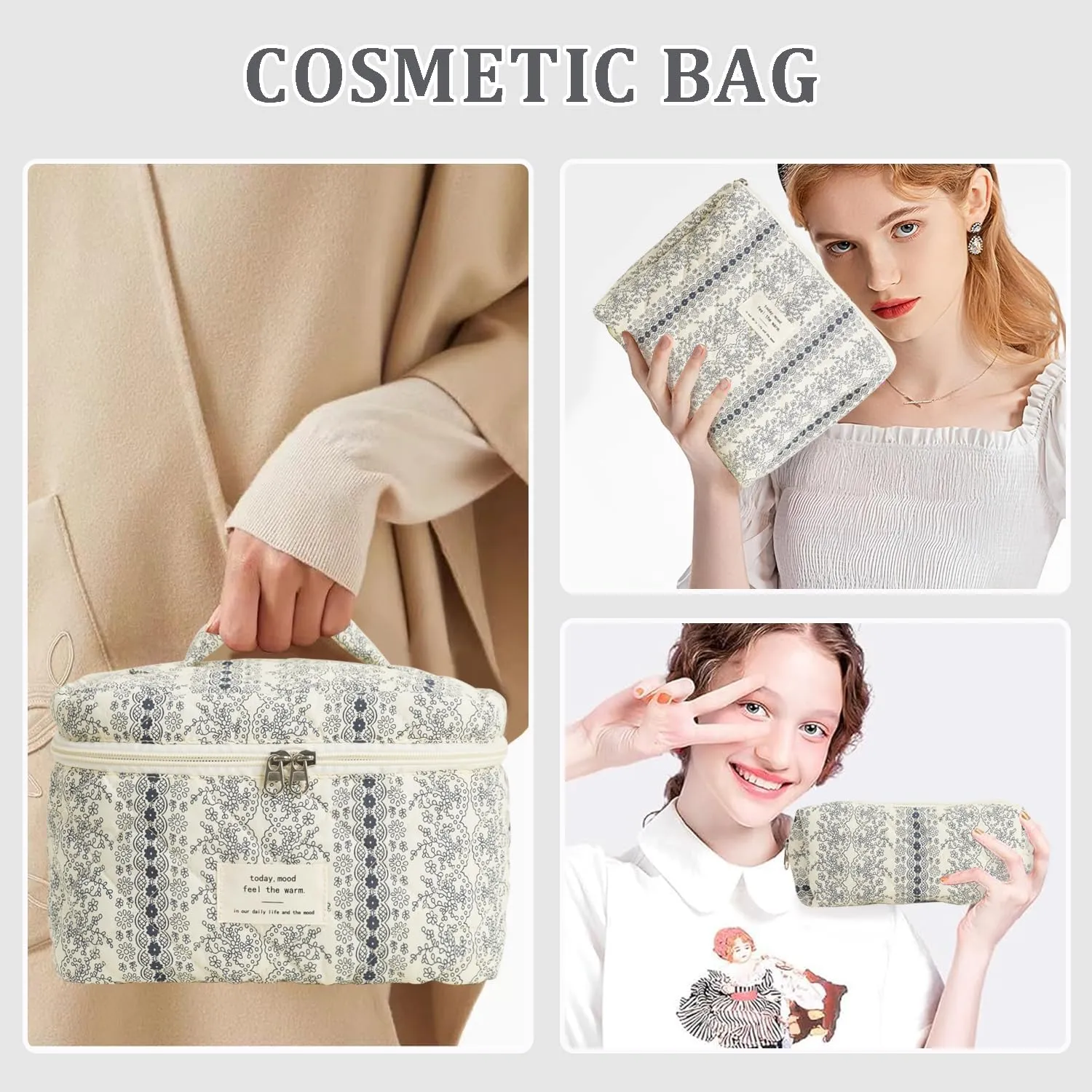 3 Pcs Cotton Quilted Makeup Bag Set, Floral Cotton Cosmetic Bag, Aesthetic Toiletry Travel Organizer Bag for Women (Black White)