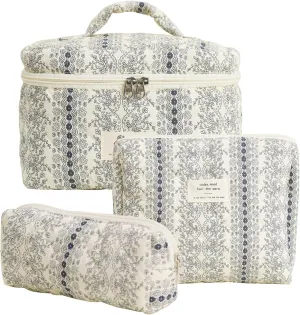 3 Pcs Cotton Quilted Makeup Bag Set, Floral Cotton Cosmetic Bag, Aesthetic Toiletry Travel Organizer Bag for Women (Black White)