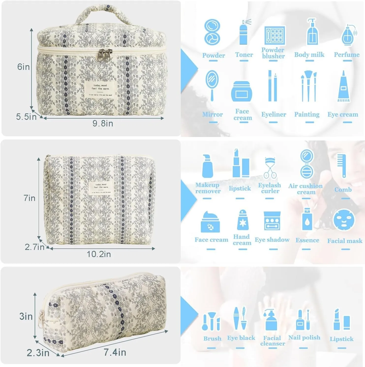 3 Pcs Cotton Quilted Makeup Bag Set, Floral Cotton Cosmetic Bag, Aesthetic Toiletry Travel Organizer Bag for Women (Black White)