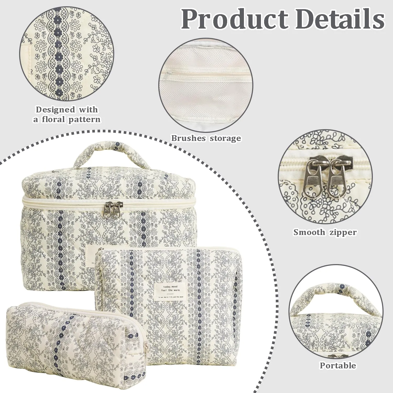 3 Pcs Cotton Quilted Makeup Bag Set, Floral Cotton Cosmetic Bag, Aesthetic Toiletry Travel Organizer Bag for Women (Black White)