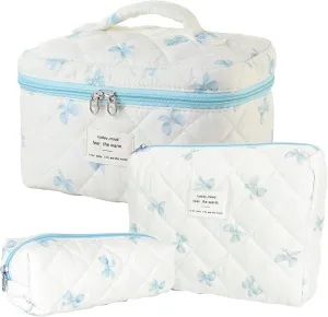 3 Pcs Cotton Quilted Makeup Bag Set, Floral Cotton Cosmetic Bag, Aesthetic Toiletry Travel Organizer Bag for Women (White-Blue Bow)