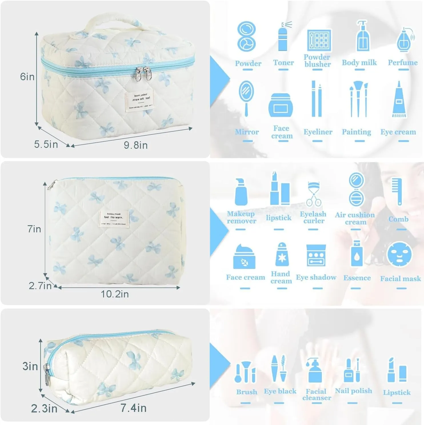 3 Pcs Cotton Quilted Makeup Bag Set, Floral Cotton Cosmetic Bag, Aesthetic Toiletry Travel Organizer Bag for Women (White-Blue Bow)