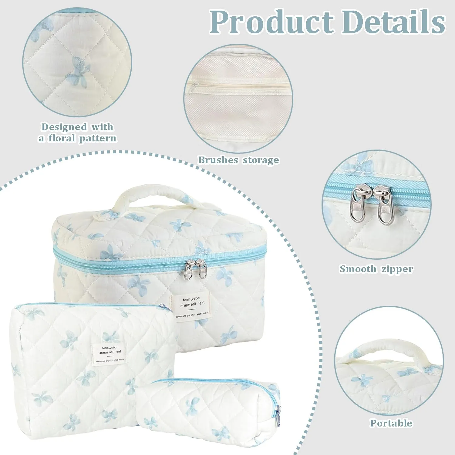 3 Pcs Cotton Quilted Makeup Bag Set, Floral Cotton Cosmetic Bag, Aesthetic Toiletry Travel Organizer Bag for Women (White-Blue Bow)