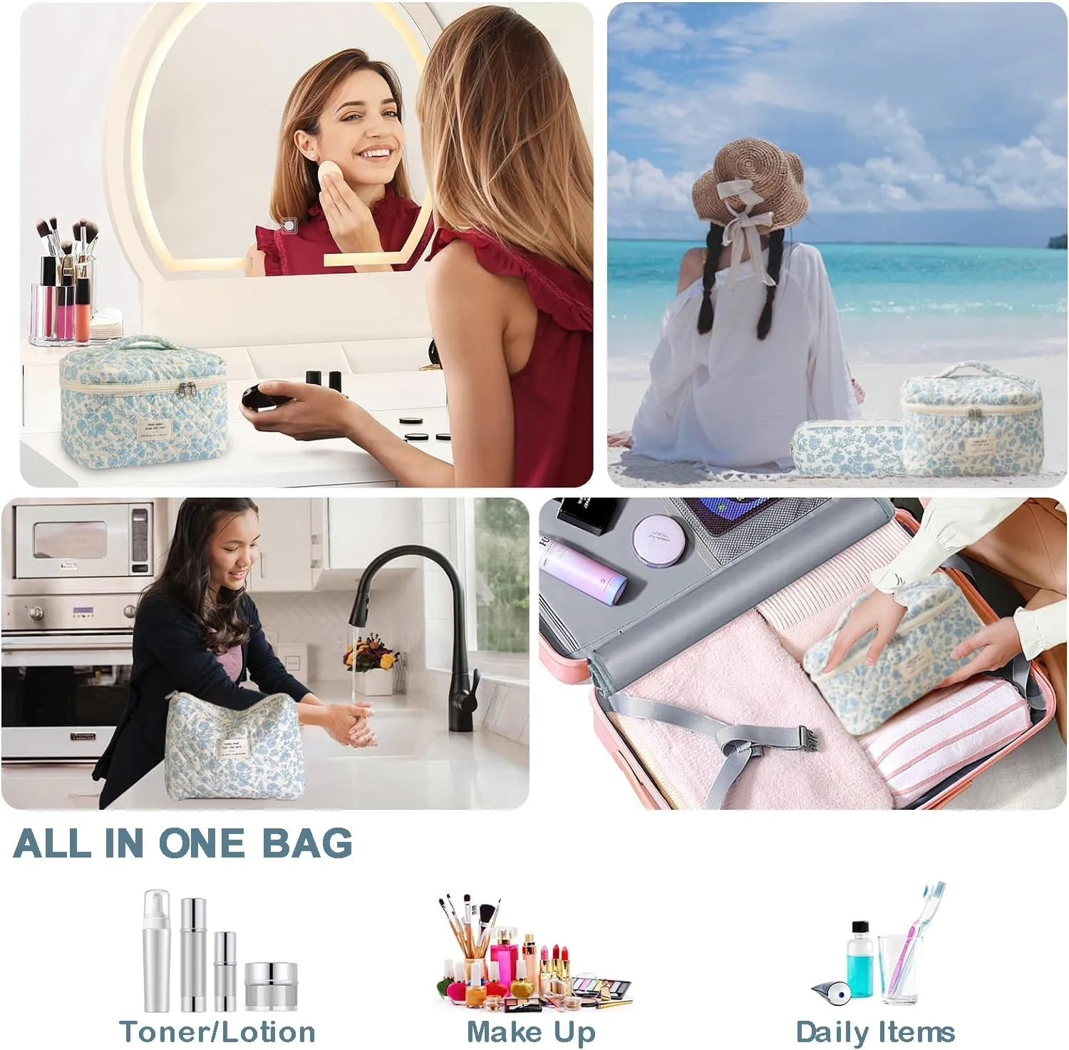 3 Pcs Cotton Quilted Makeup Bag Set, Floral Cotton Cosmetic Bag, Aesthetic Toiletry Travel Organizer Bag for Women (White-Blue Bow)