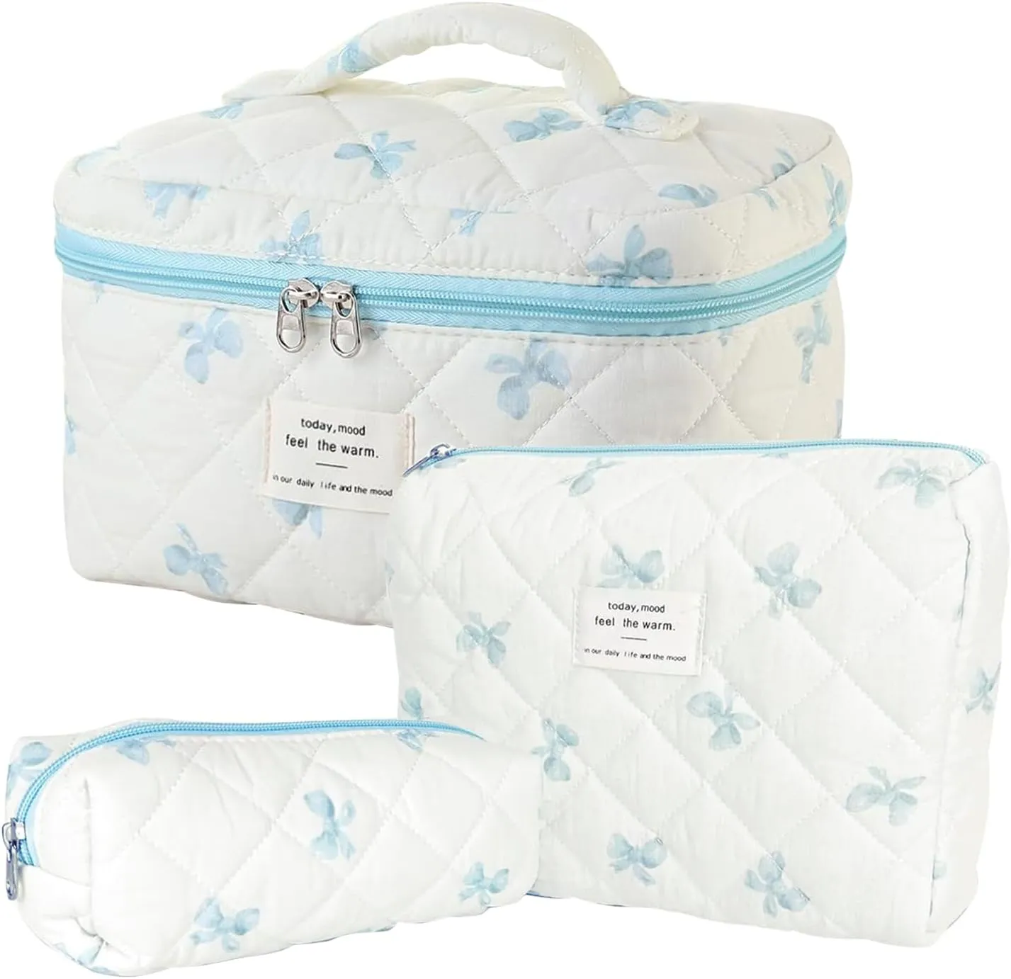 3 Pcs Cotton Quilted Makeup Bag Set, Floral Cotton Cosmetic Bag, Aesthetic Toiletry Travel Organizer Bag for Women (White-Blue Bow)