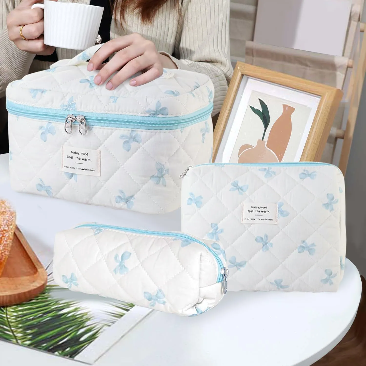 3 Pcs Cotton Quilted Makeup Bag Set, Floral Cotton Cosmetic Bag, Aesthetic Toiletry Travel Organizer Bag for Women (White-Blue Bow)