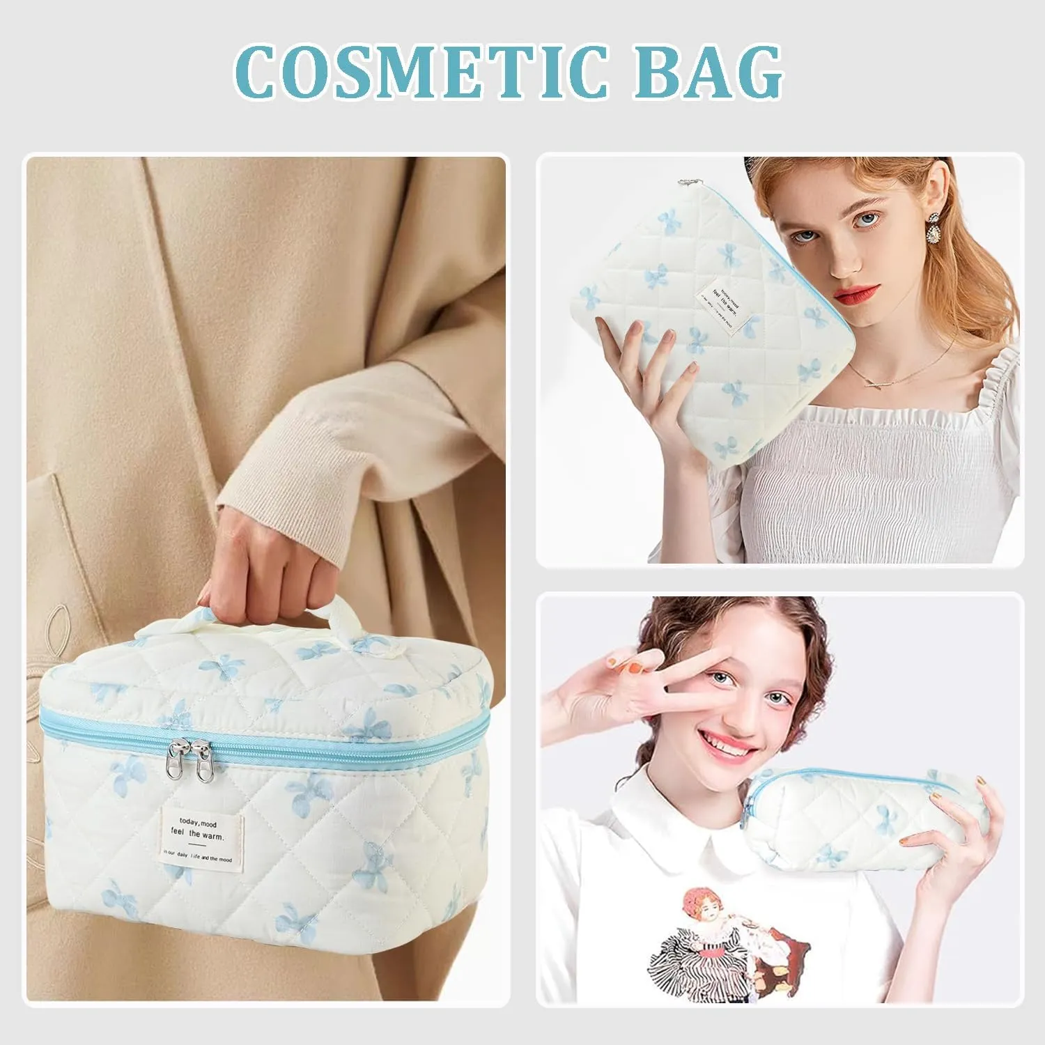 3 Pcs Cotton Quilted Makeup Bag Set, Floral Cotton Cosmetic Bag, Aesthetic Toiletry Travel Organizer Bag for Women (White-Blue Bow)