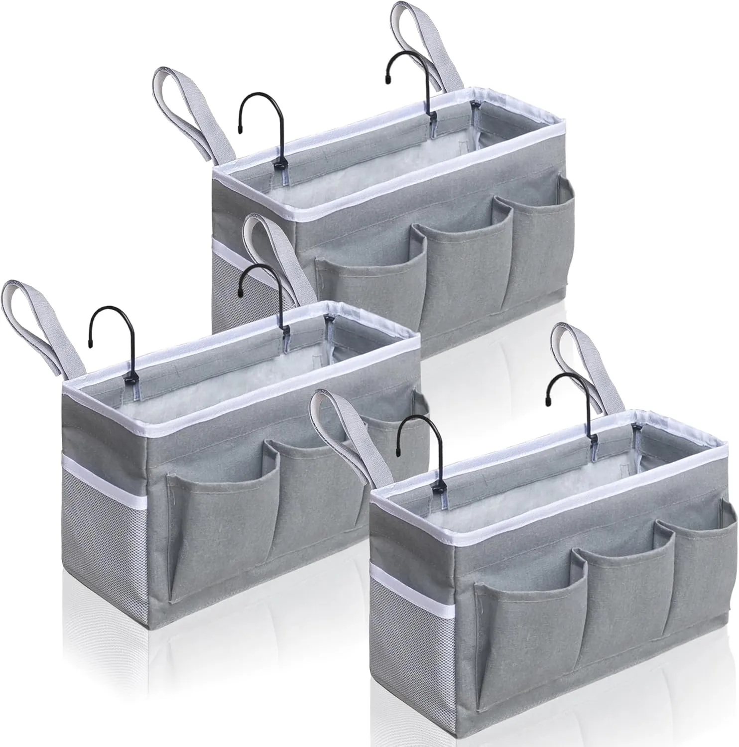 3-Piece Bedside Caddy Storage Organizer with Pockets for Bedrooms, Loft Beds & Top Bunk Beds (Gray)