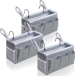 3-Piece Bedside Caddy Storage Organizer with Pockets for Bedrooms, Loft Beds & Top Bunk Beds (Gray)