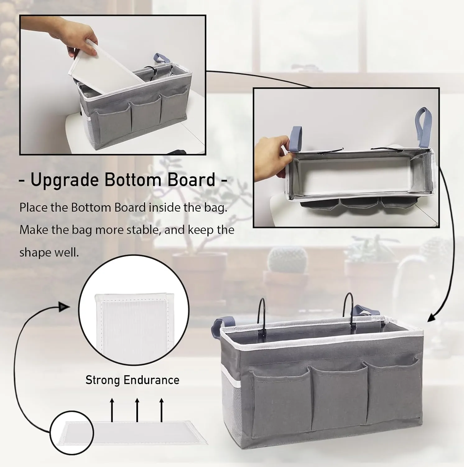 3-Piece Bedside Caddy Storage Organizer with Pockets for Bedrooms, Loft Beds & Top Bunk Beds (Gray)