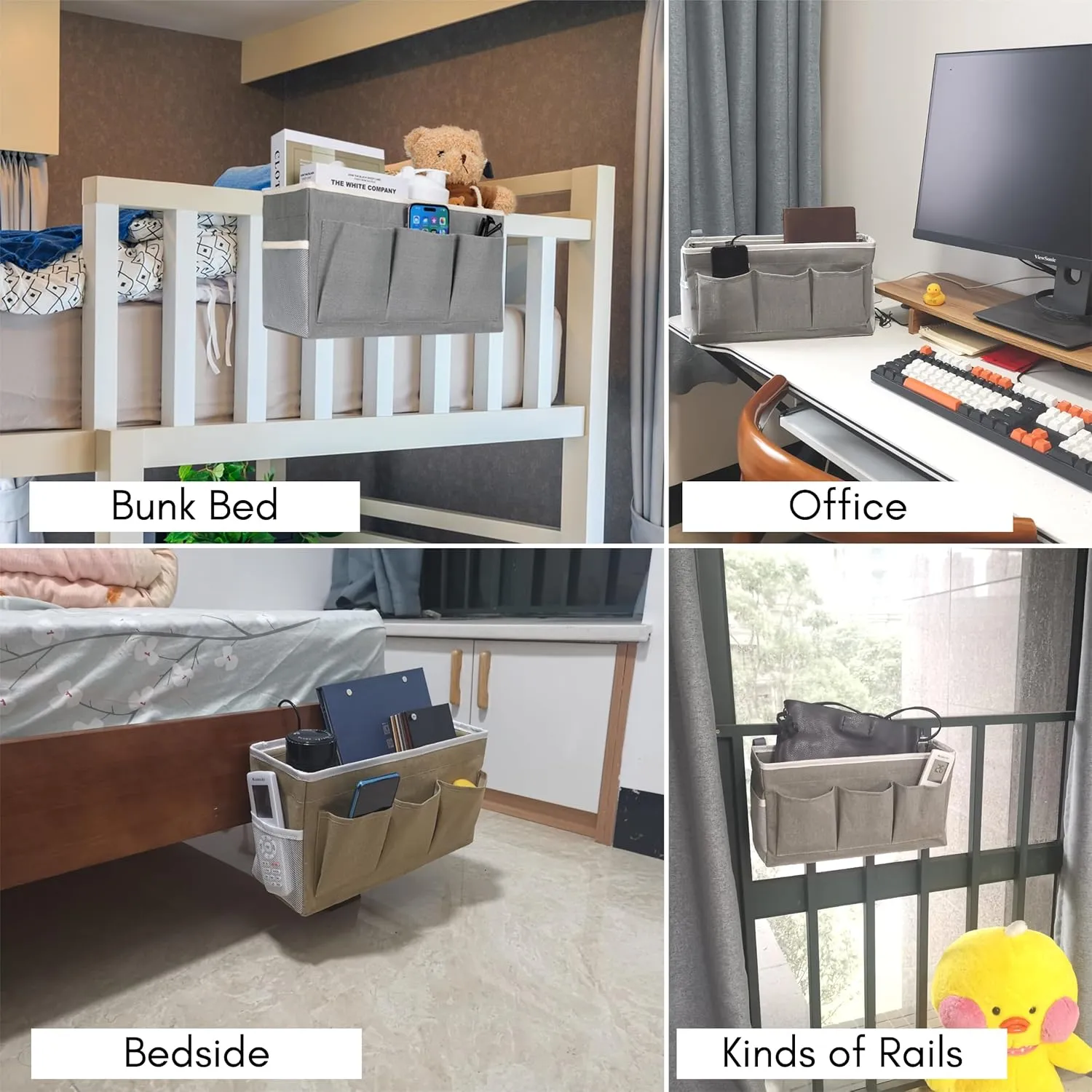 3-Piece Bedside Caddy Storage Organizer with Pockets for Bedrooms, Loft Beds & Top Bunk Beds (Gray)