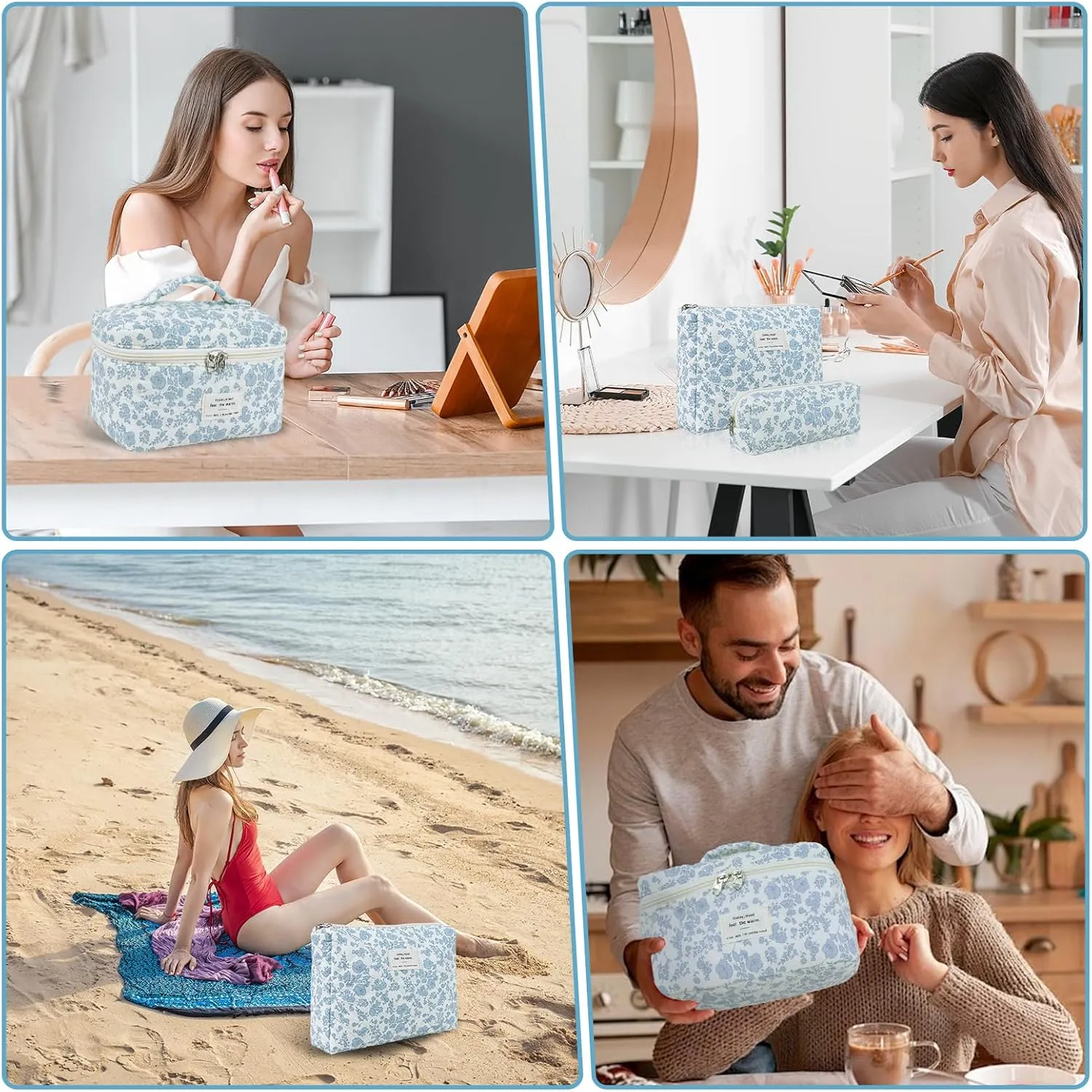 3 Sizes Pcs Cotton Quilted Makeup Bag Set, Travel Toiletry Personalized Cute Blue Floral Cosmetic Makeup Bag Extra Large Small Organizer Bags (Blue Line Flowers)