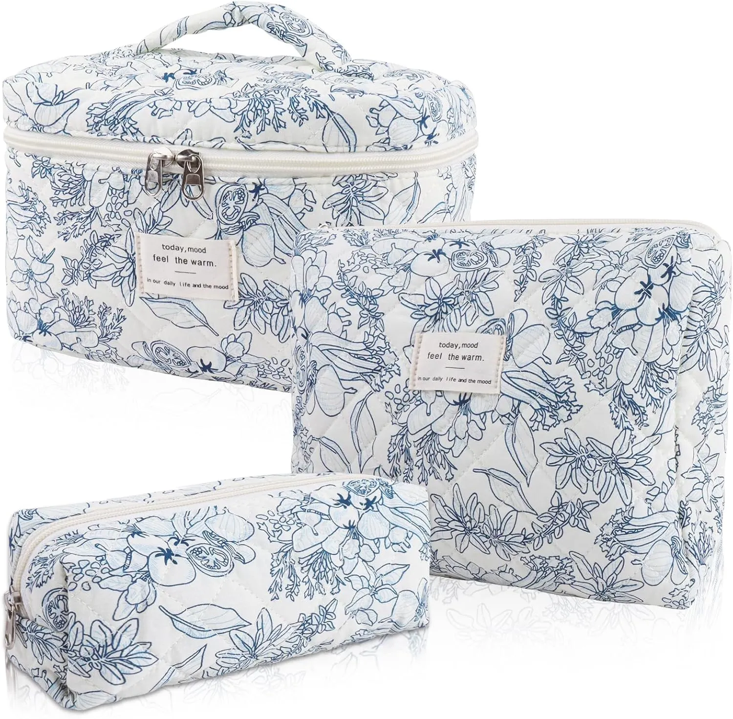 3 Sizes Pcs Cotton Quilted Makeup Bag Set, Travel Toiletry Personalized Cute Blue Floral Cosmetic Makeup Bag Extra Large Small Organizer Bags (Blue Line Flowers)